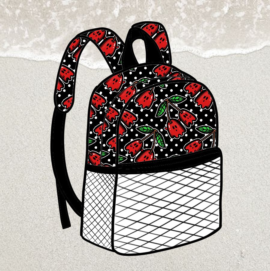 Mochila com padrão de flores vermelhas, bolso branco com padrão em rede preta