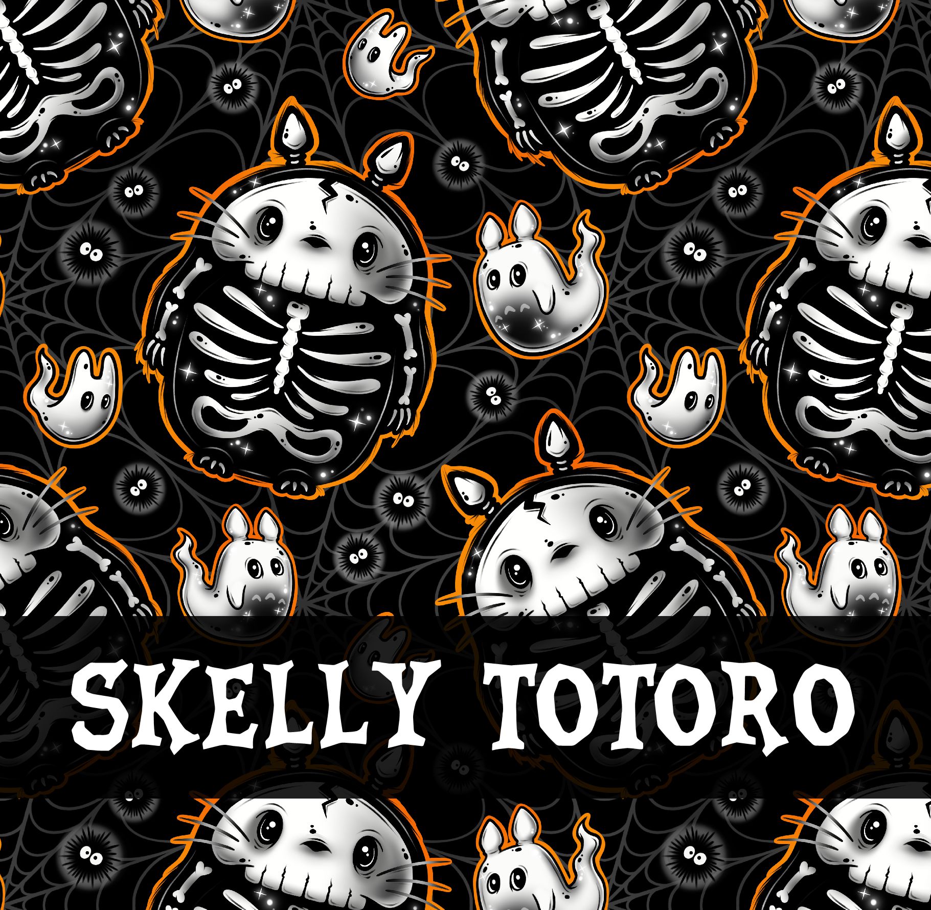 Padrão preto com personagens esqueletos e texto SKELLY TOTORO