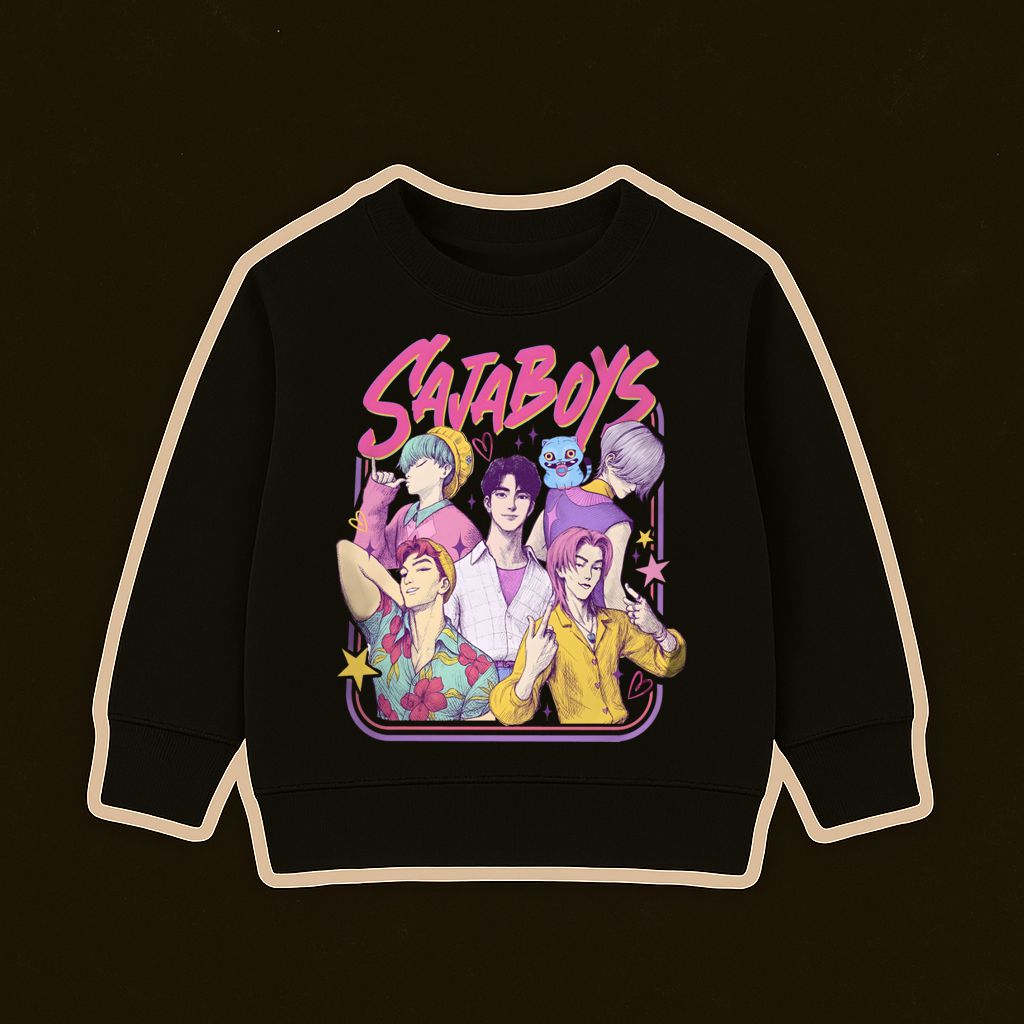 Sweatshirt preta com estampa de personagens de desenho animado e texto SAITBOYS.