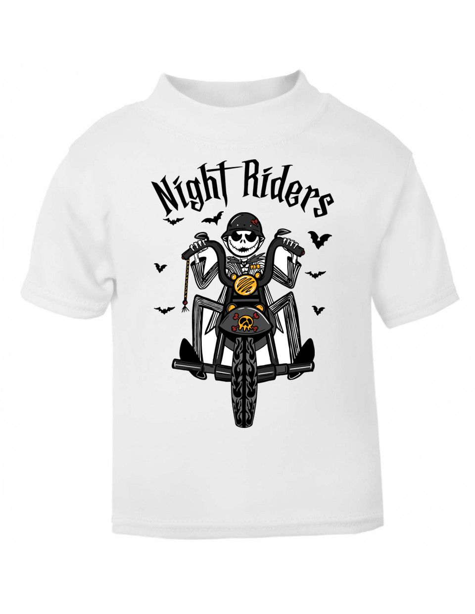 T-shirt branca com desenho de esqueleto a conduzir mota e texto Night Riders