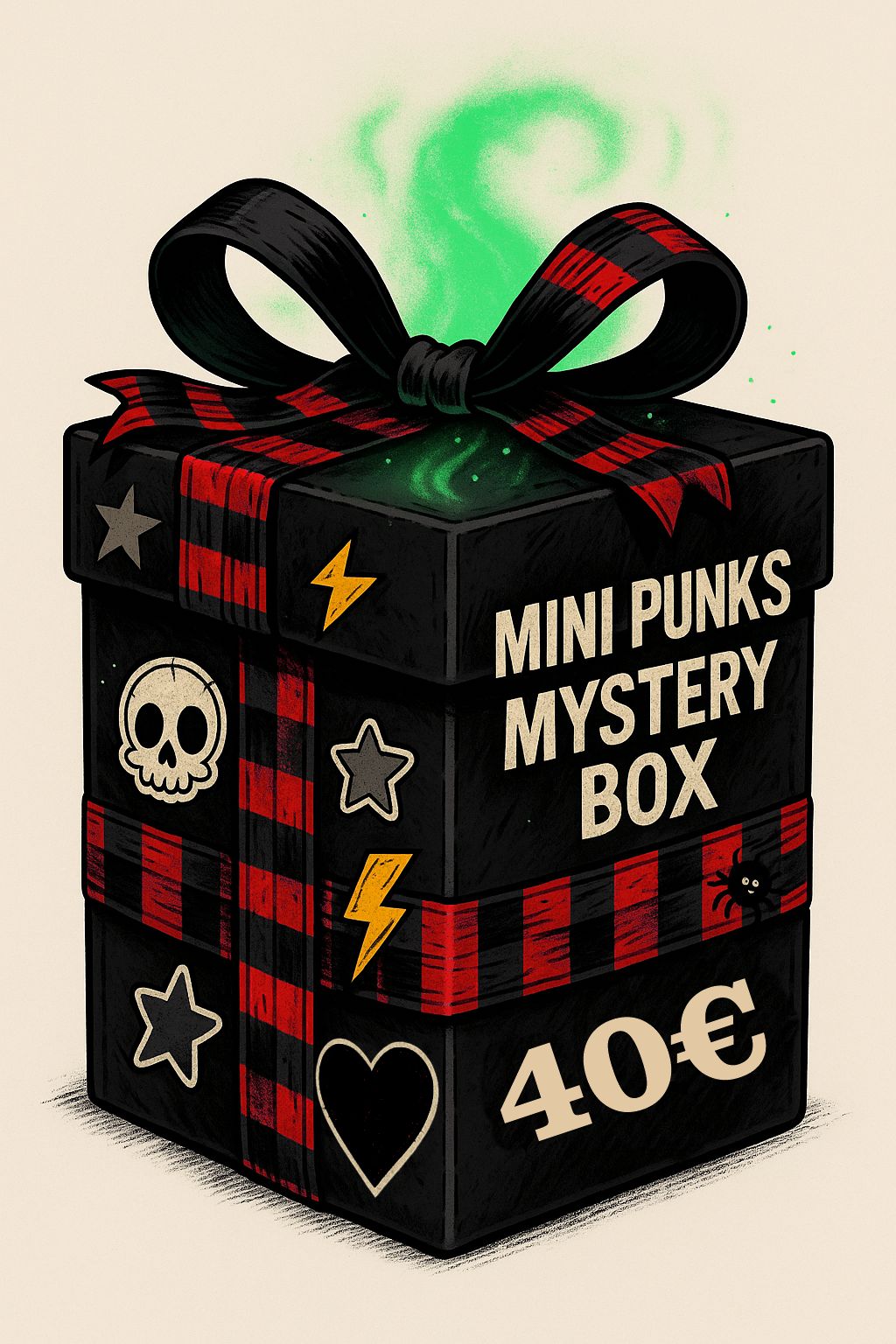 Caixa preta com laço vermelho e preto, texto 