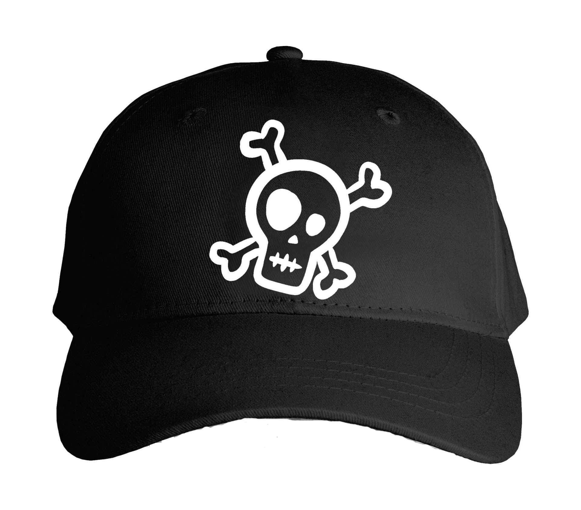 Boné preto com estampa de caveira e ossos cruzados em branco