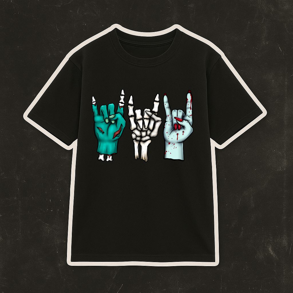 T-shirt preta com três mãos em estilo zumbi estampadas