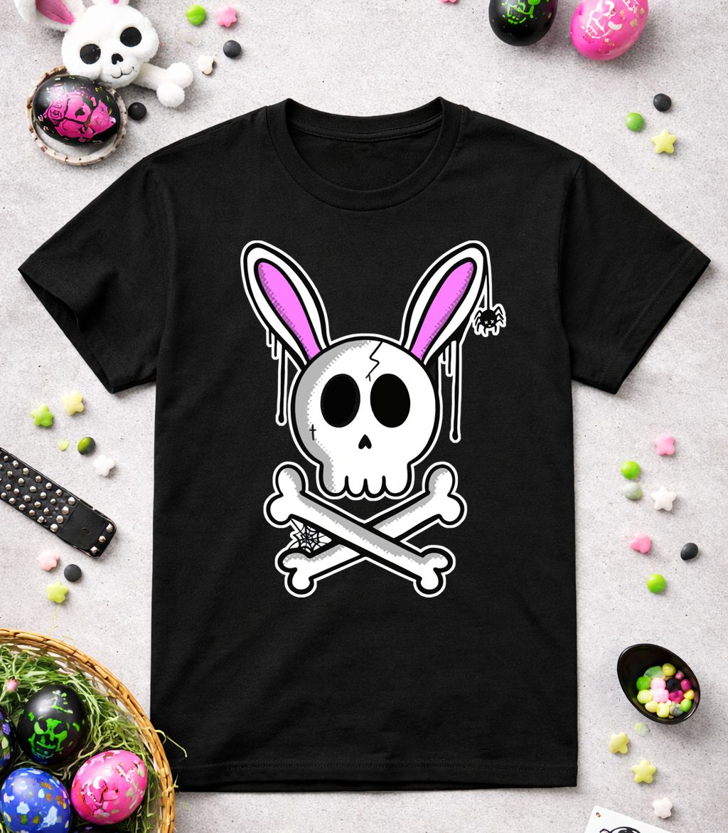 T-shirt preta com estampa de caveira com orelhas de coelho cor-de-rosa e ossos cruzados