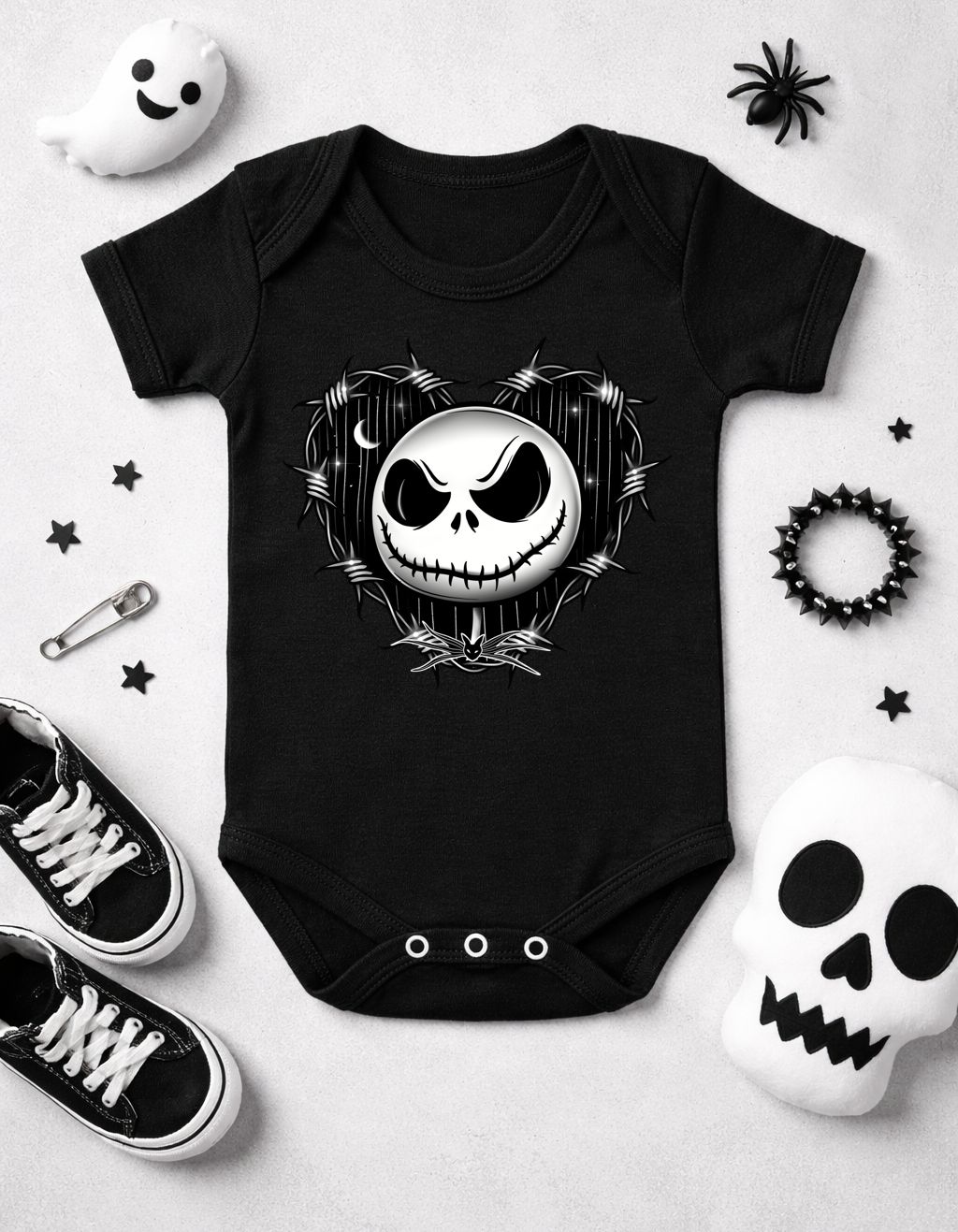 Body preto para bebé com estampado de caveira branca e adereços de Halloween