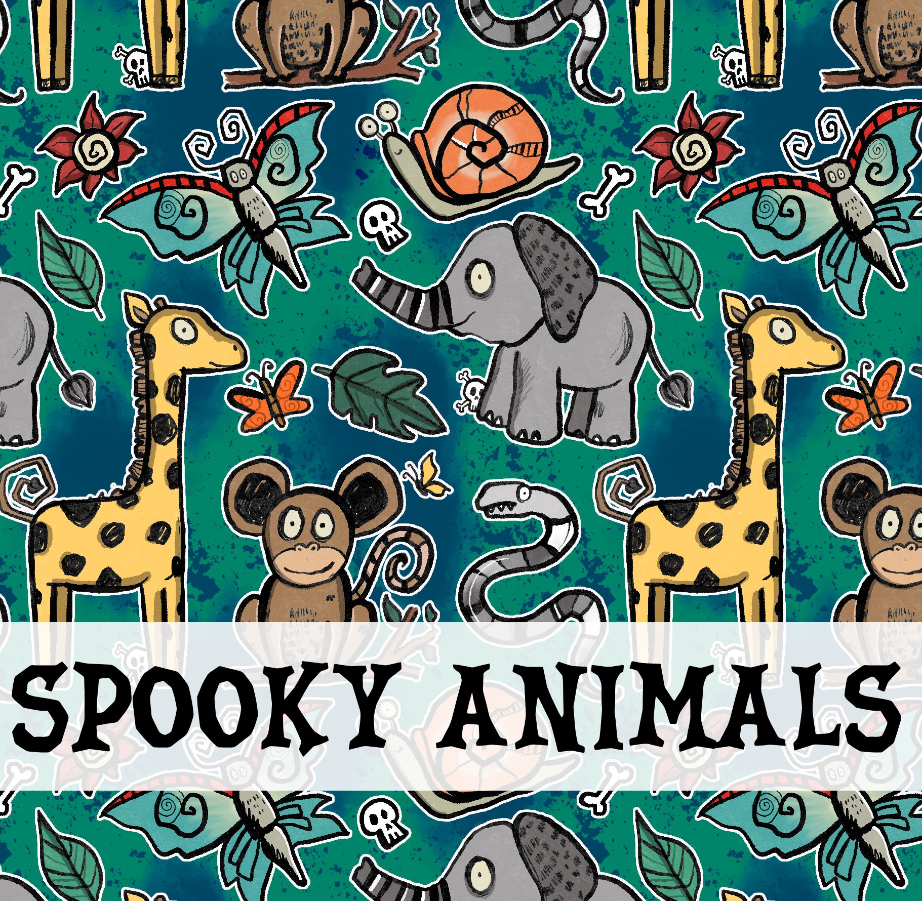 Padrão com desenhos coloridos de animais em fundo azul esverdeado com texto SPOOKY ANIMALS