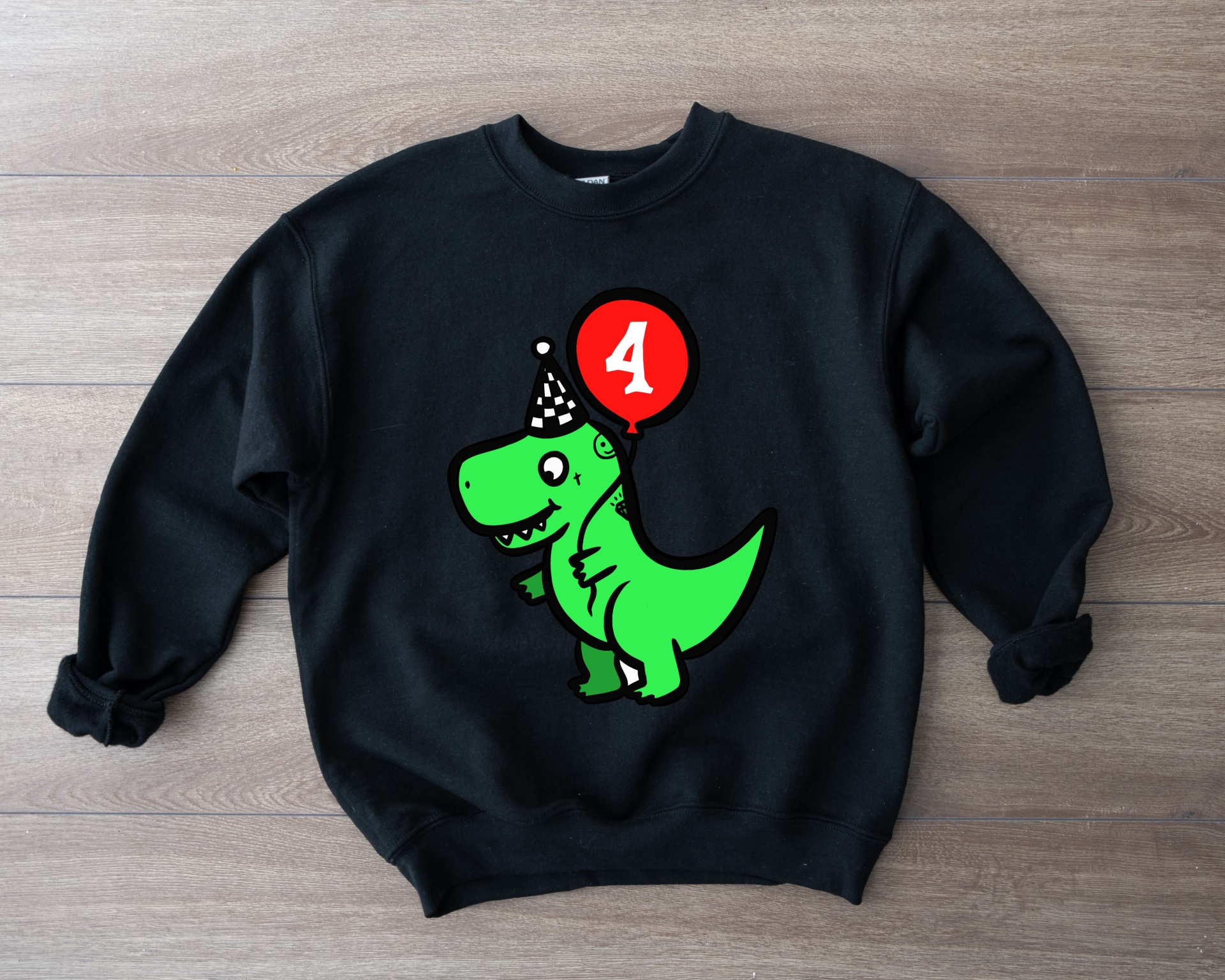 Sweatshirt preta com dinossauro verde, chapéu de festa e balão vermelho número 4