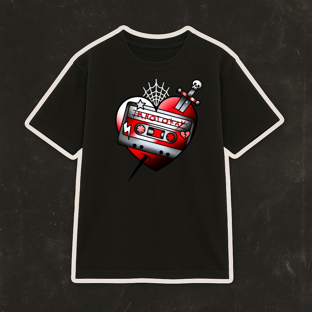 T-shirt preta com estampa de coração vermelho e fita cassete