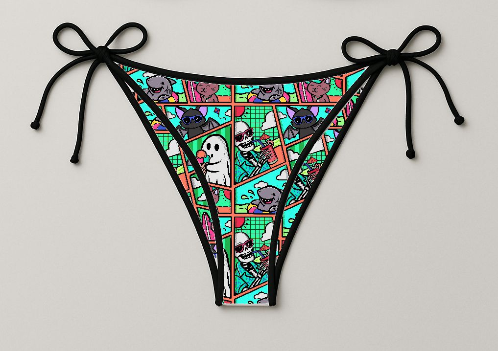 Cueca de bikini colorida com desenhos animados de fantasmas, esqueletos e morcegos