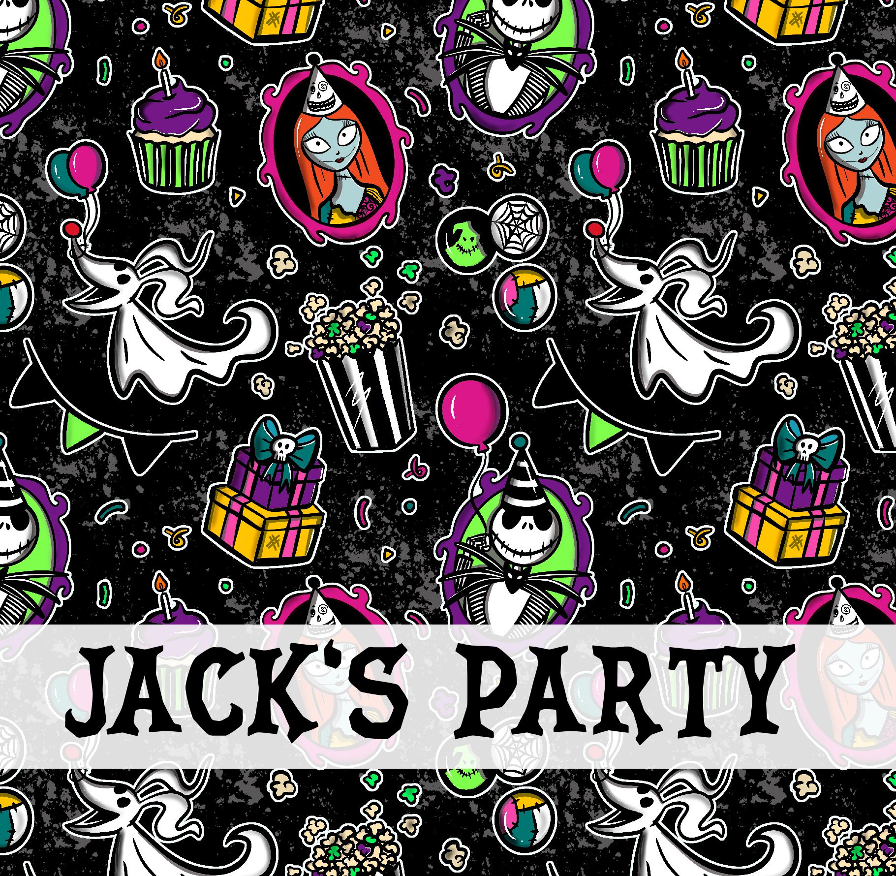 Padrão de desenhos de Halloween e texto JACK'S PARTY