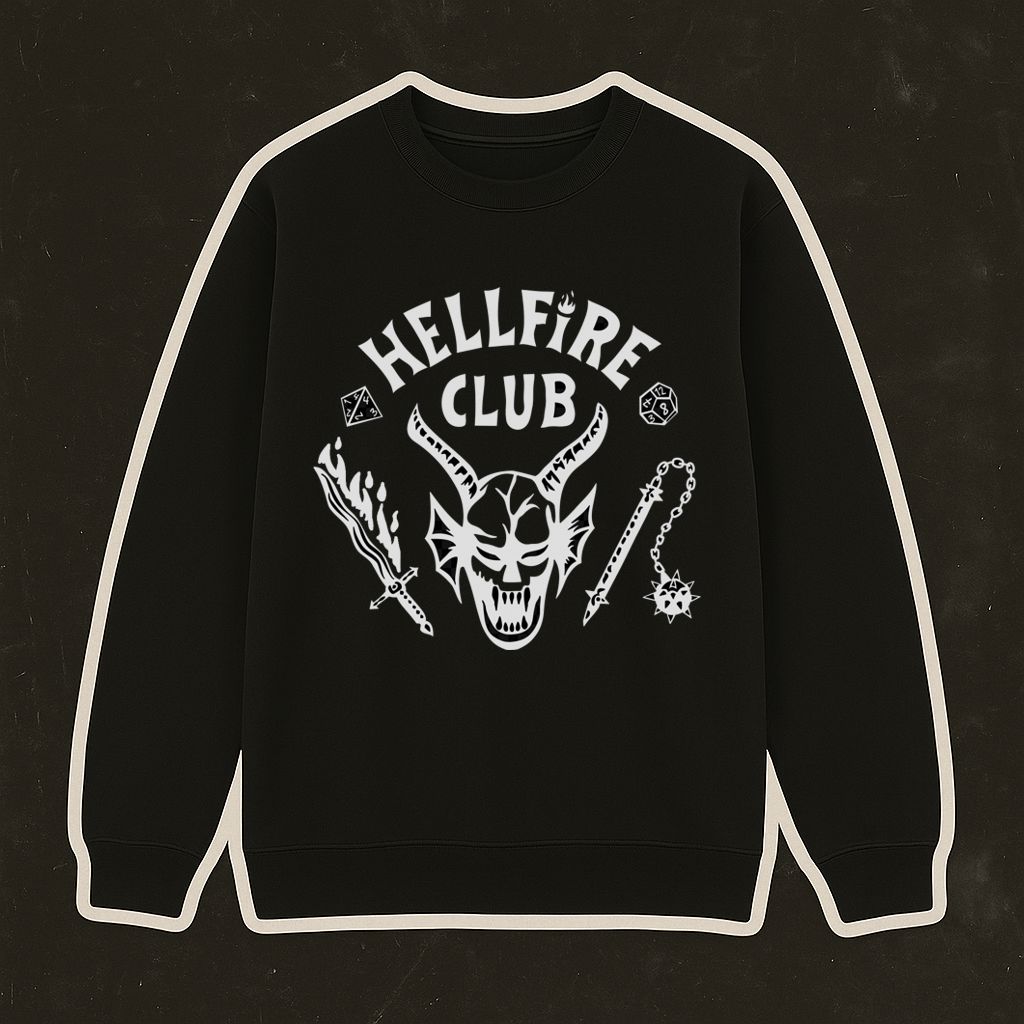 Sweatshirt preta com estampa branca 'HELLFIRE CLUB' e ilustração demoníaca