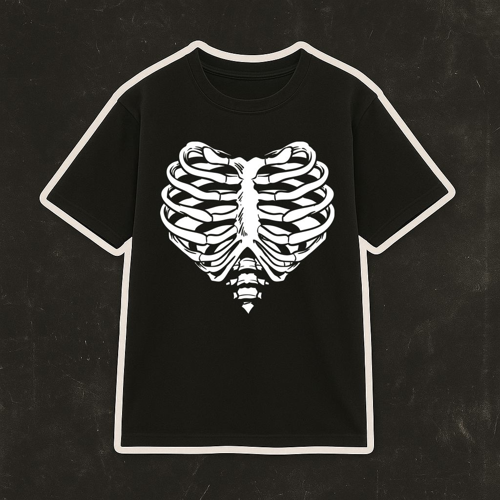 T-shirt preta com estampa branca de caixa torácica em forma de coração