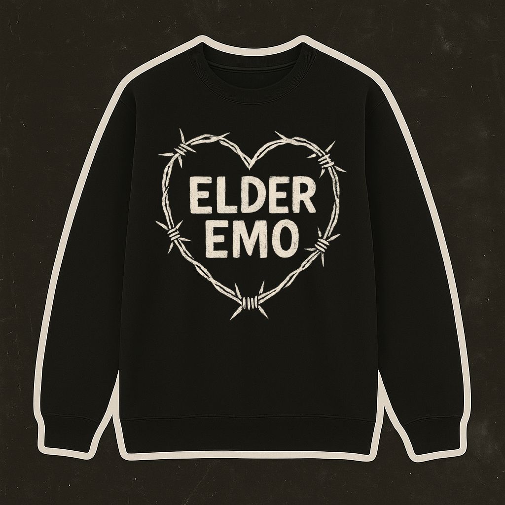 Camisola preta com coração de arame farpado e texto ELDER EMO