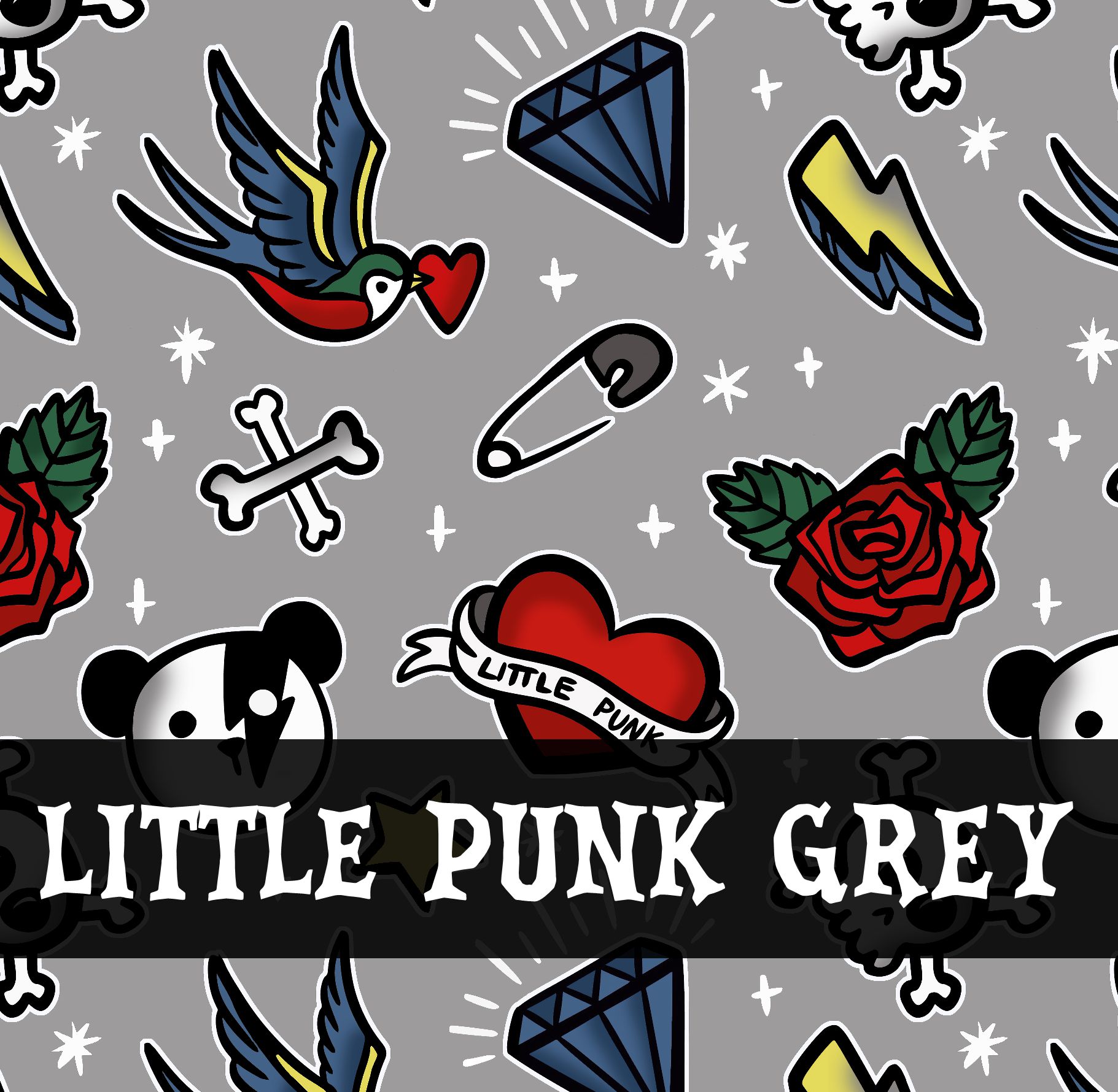 Padrão de desenho com temas punk coloridos sobre fundo cinza, incluindo texto LITTLE PUNK GREY