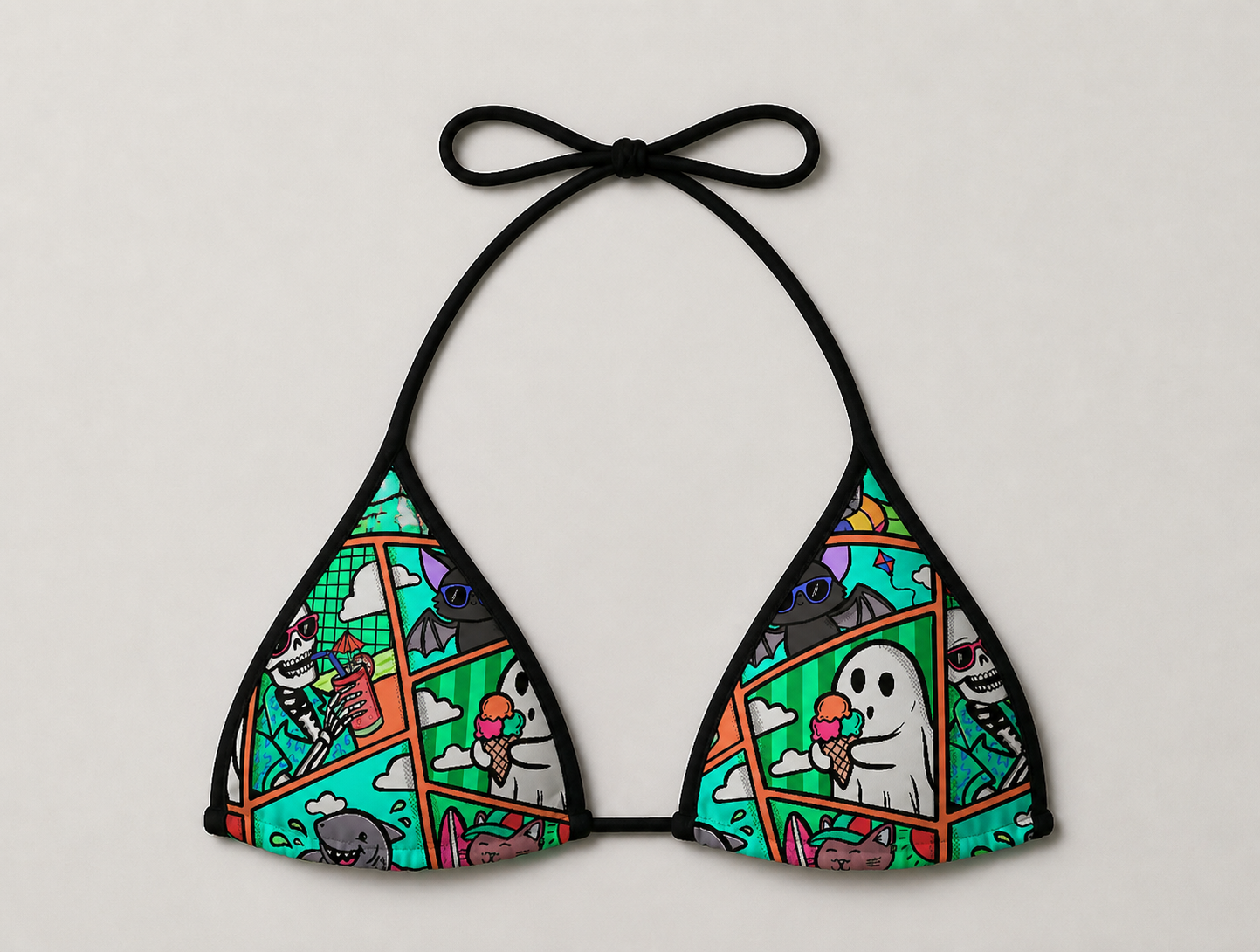 Top de biquíni triangular colorido com desenhos de esqueleto, fantasma e tubarão