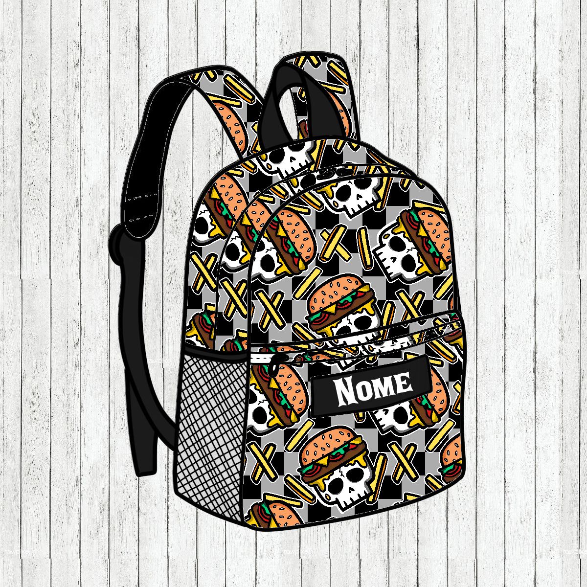 Mochila colorida com padrão de hambúrgueres, batatas fritas e caveiras