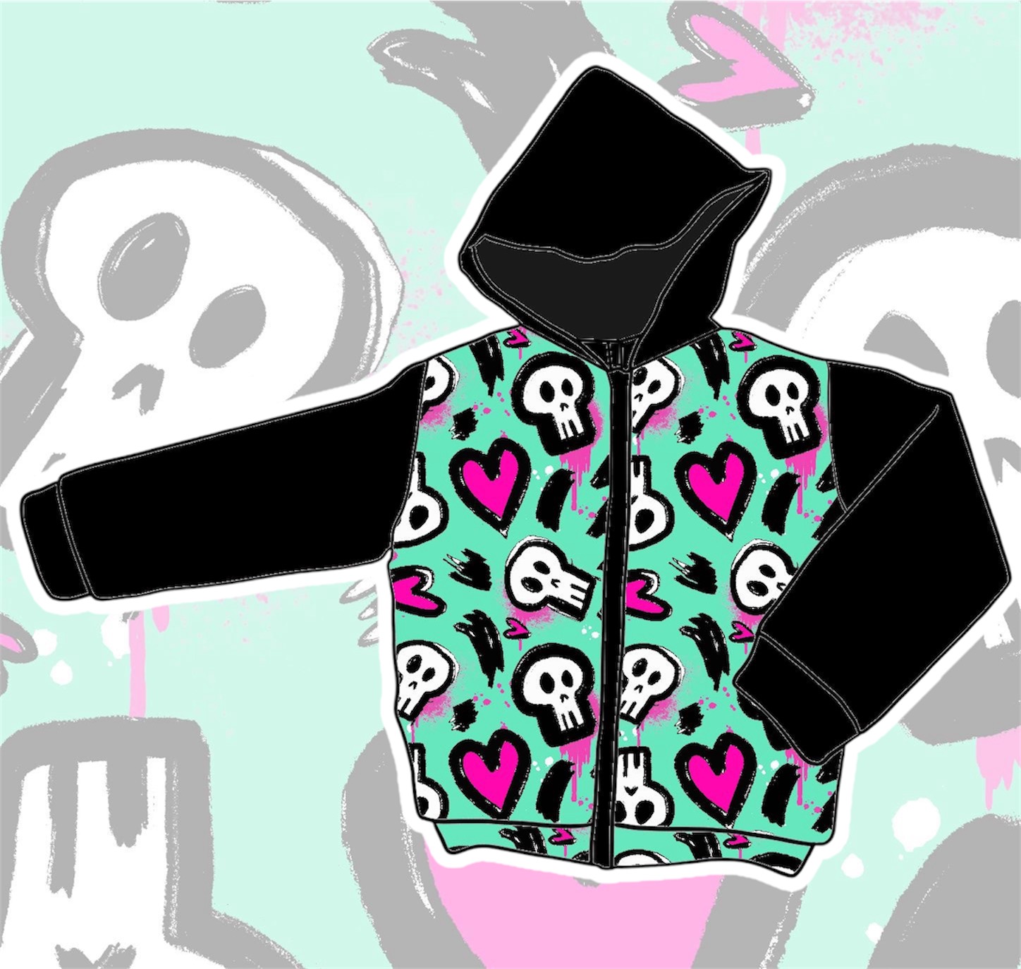 Casaco para criança com capuz, padrão de caveiras, corações e raios coloridos