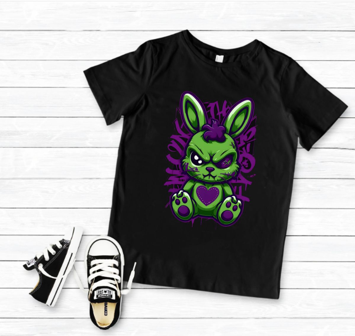 Camiseta preta com estampa de coelho verde e roxo ao centro