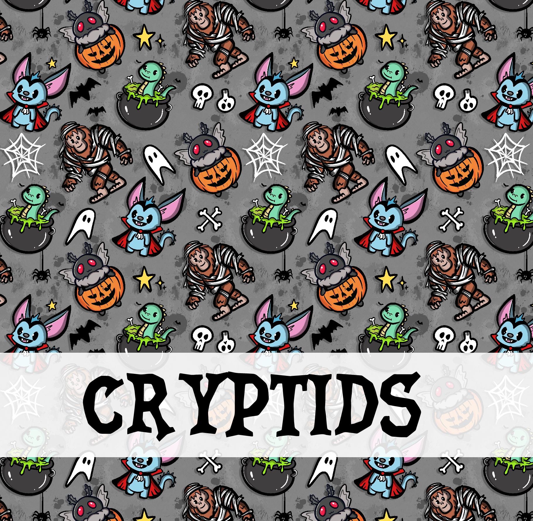 Padrão Halloween com morcegos, múmias, esqueletos, fantasmas, aranhas, dinossauros em caldeirões, abóboras, teias de aranha.