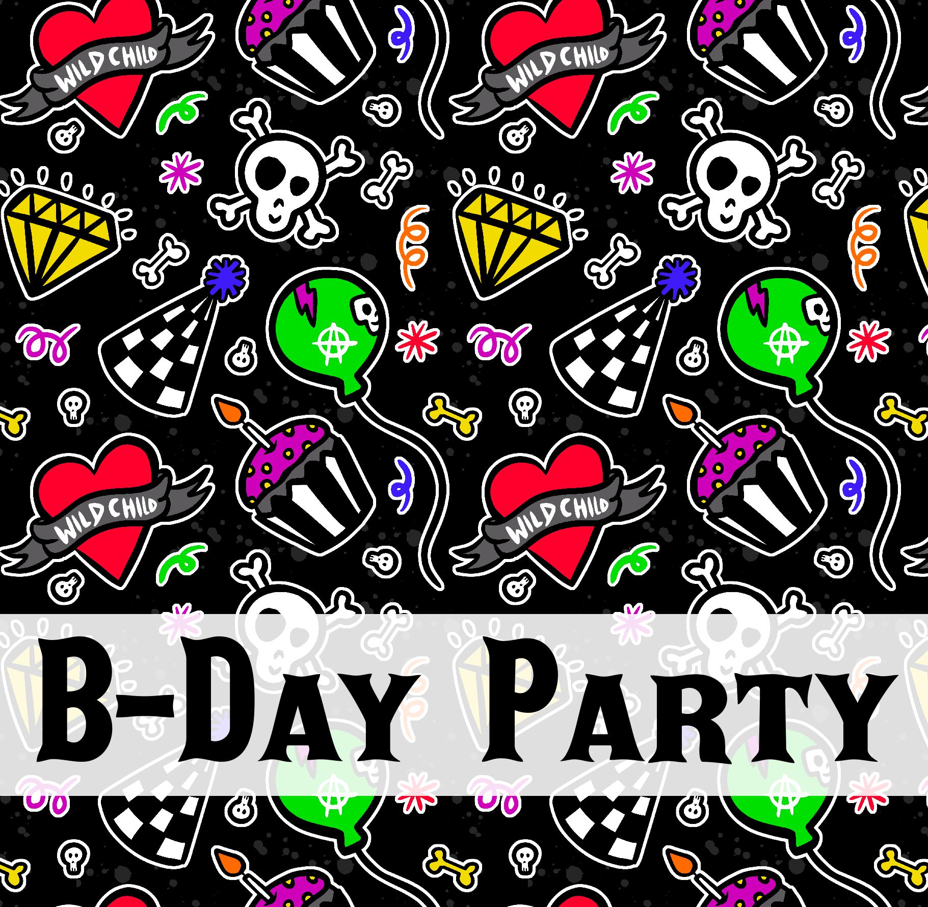 Padrão colorido de festa com corações, diamantes, caveiras e texto B-DAY PARTY