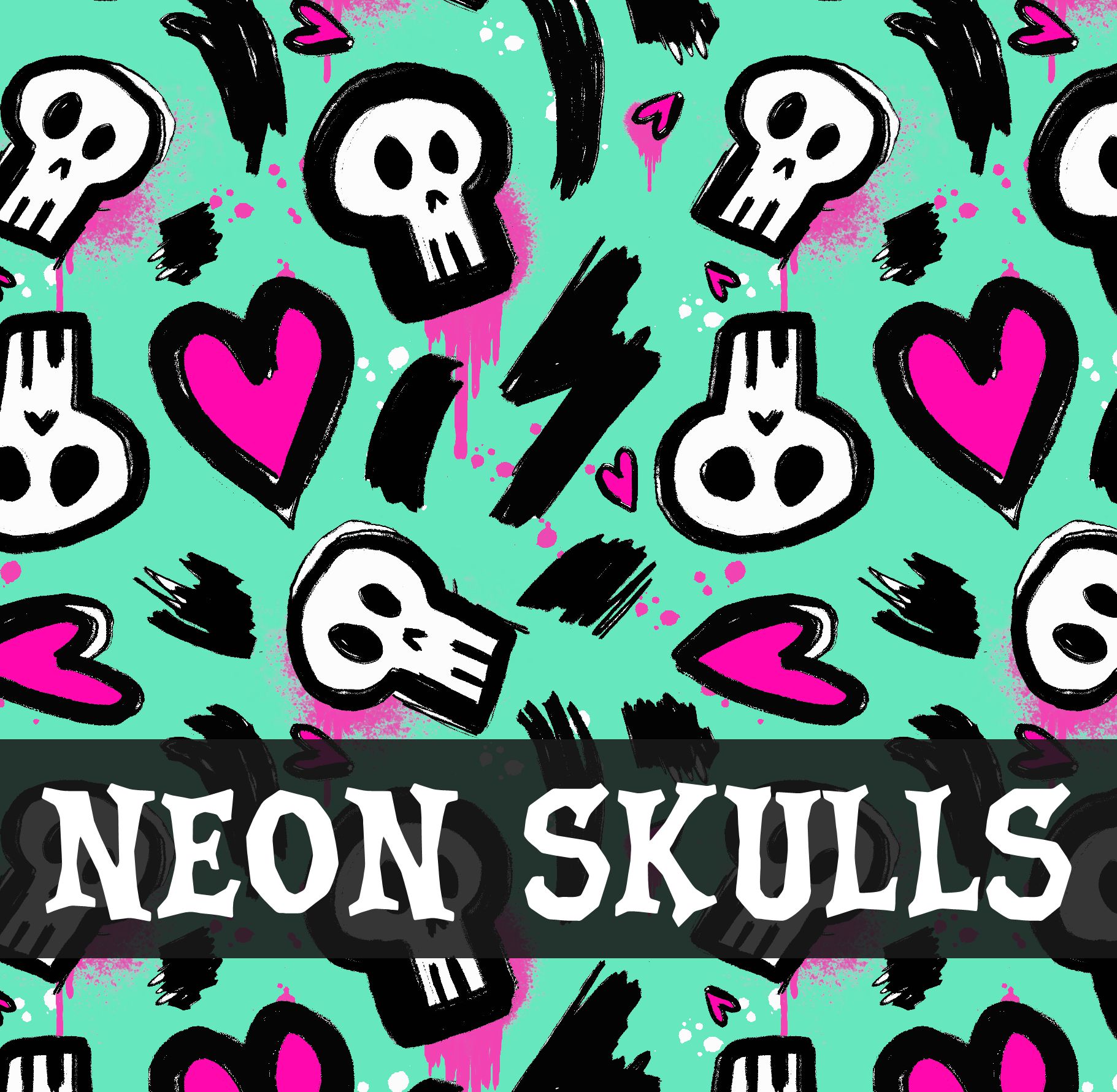 Padrão de caveiras brancas, corações rosa e raios pretos com texto NEON SKULLS