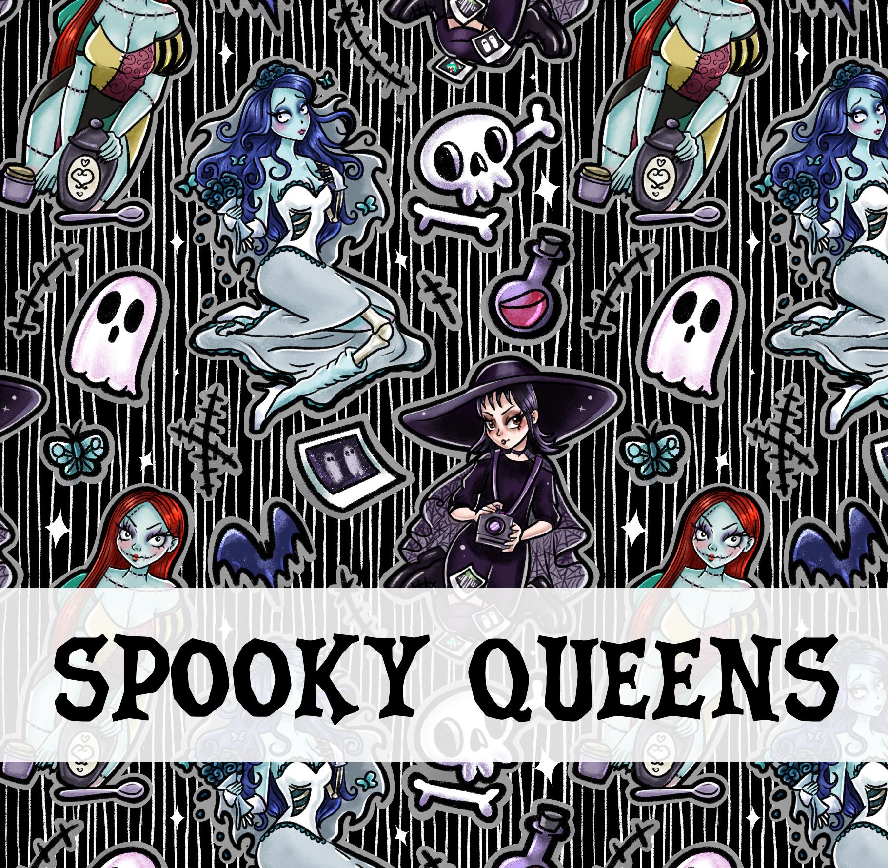 Padrão Halloween com personagens femininas e elementos fofos, texto SPOOKY QUEENS
