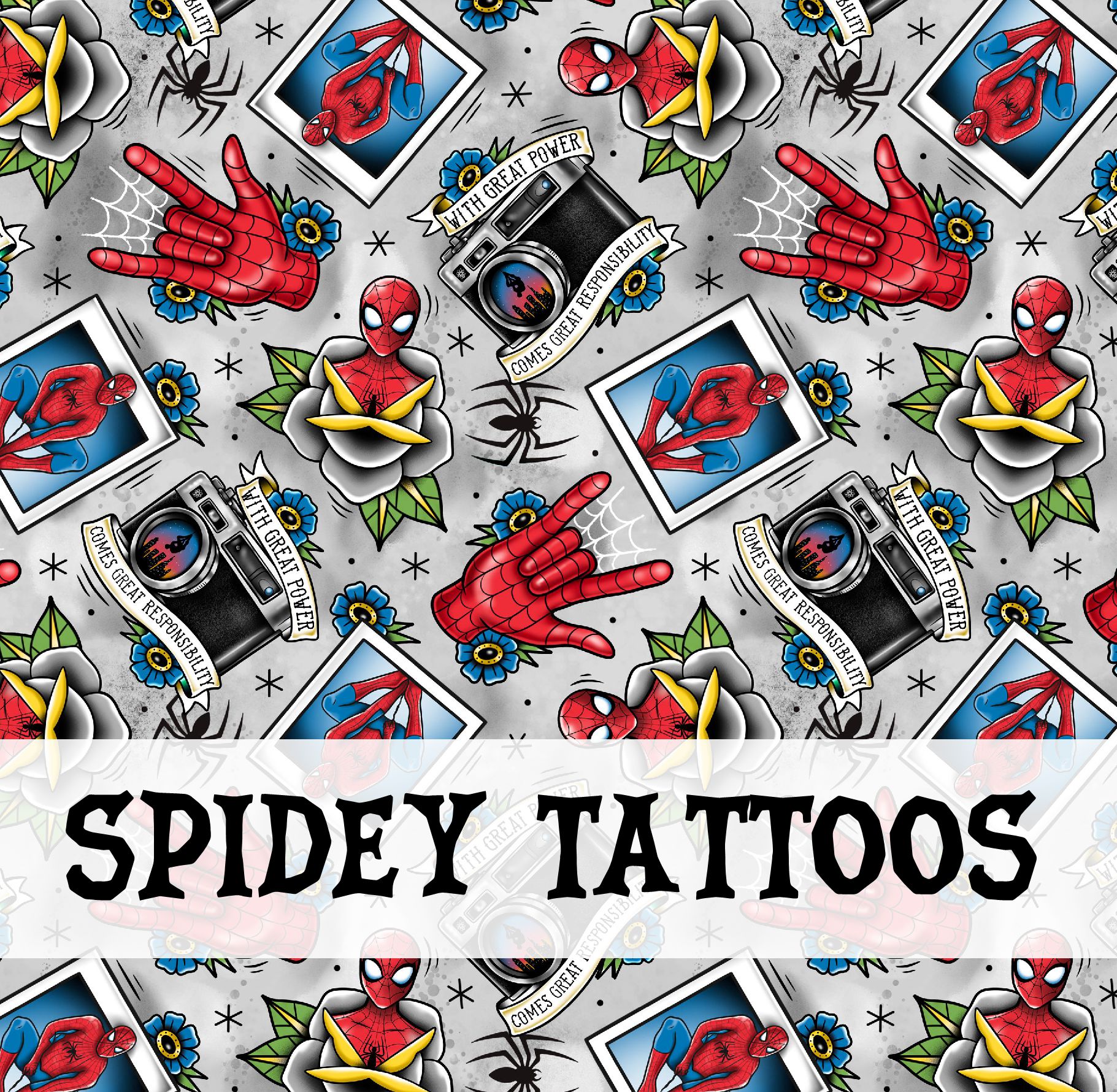 Padrão com desenhos do Homem-Aranha em flores, mãos vermelhas, aranhas pretas, câmeras e texto em fundo cinzento