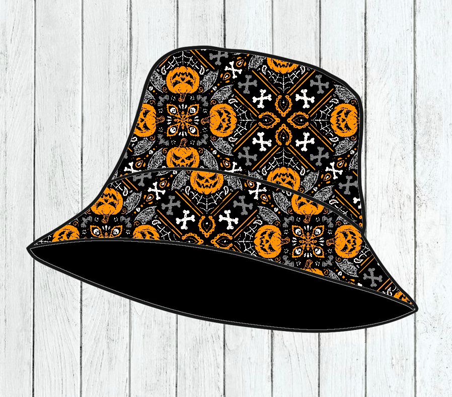 Chapéu bucket preto com padrão de Halloween laranja, cinzento e branco