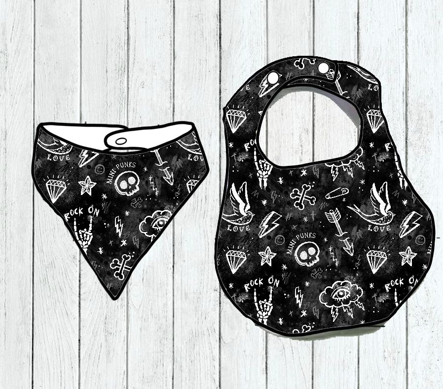 Conjunto de dois babetes para bebé com padrão rock preto e branco