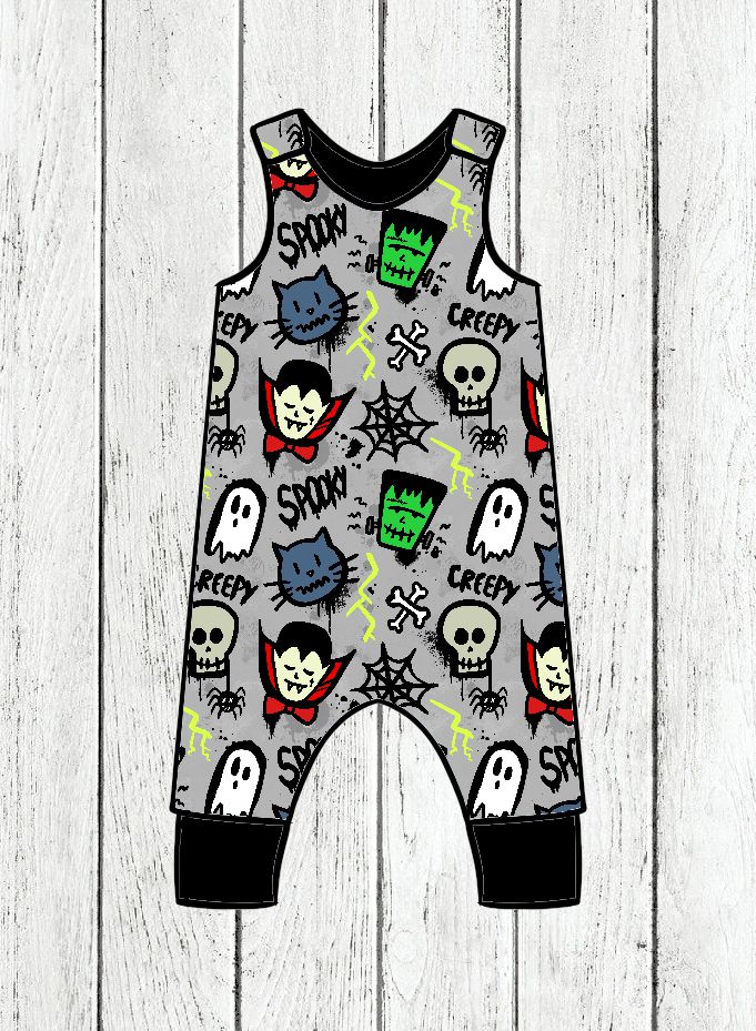 Macacão cinzento para bebé com estampados de Halloween e textos