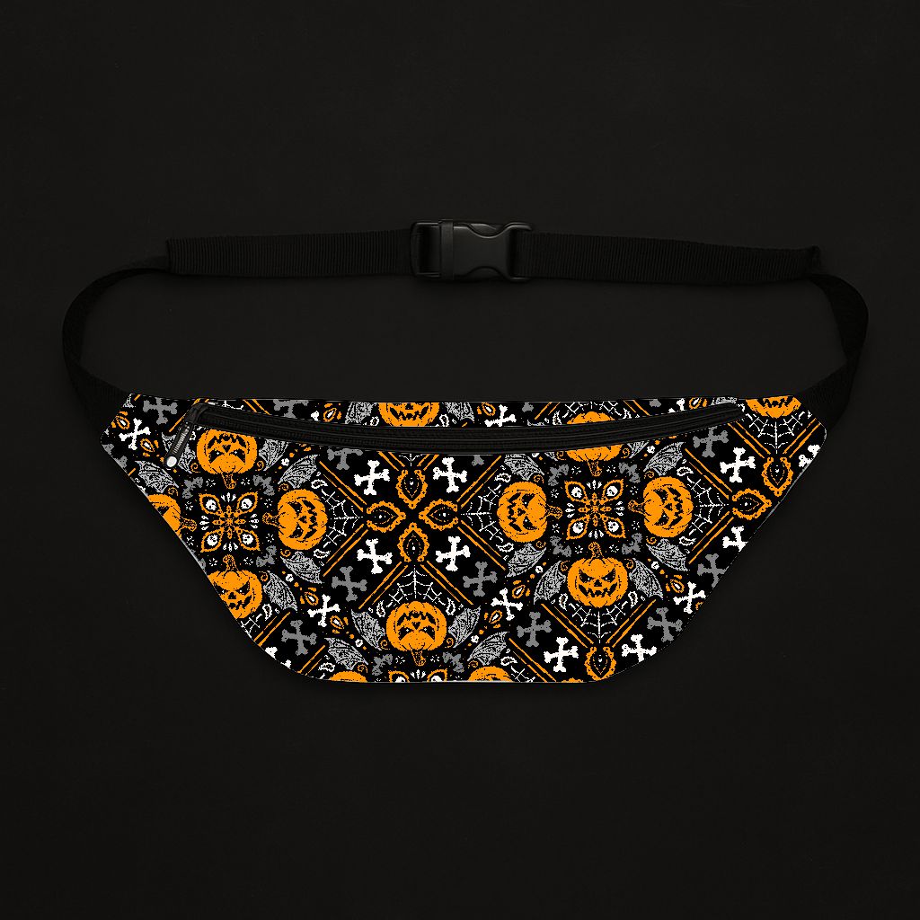Pochete preta com padrão de Halloween laranja e branco