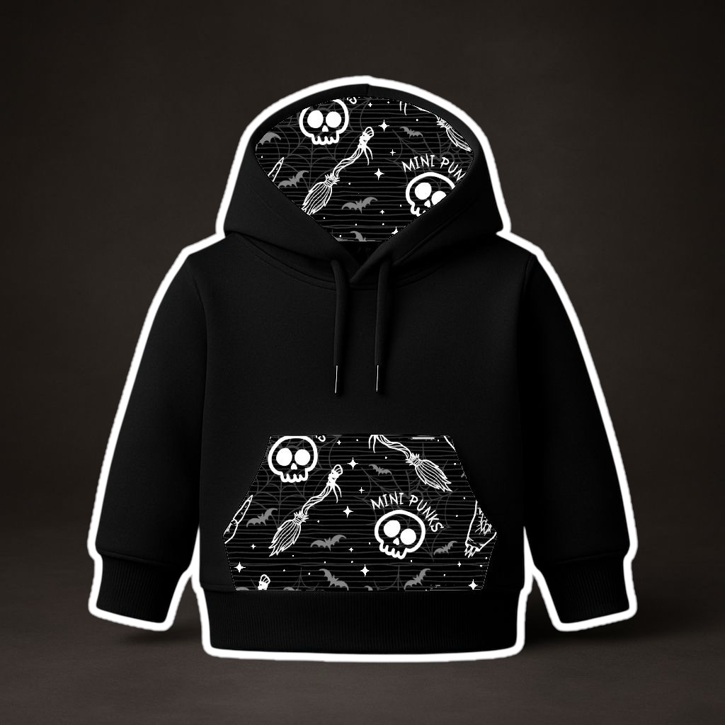 Sweatshirt preta com capuz decorado com caveiras e texto MINI PUNK