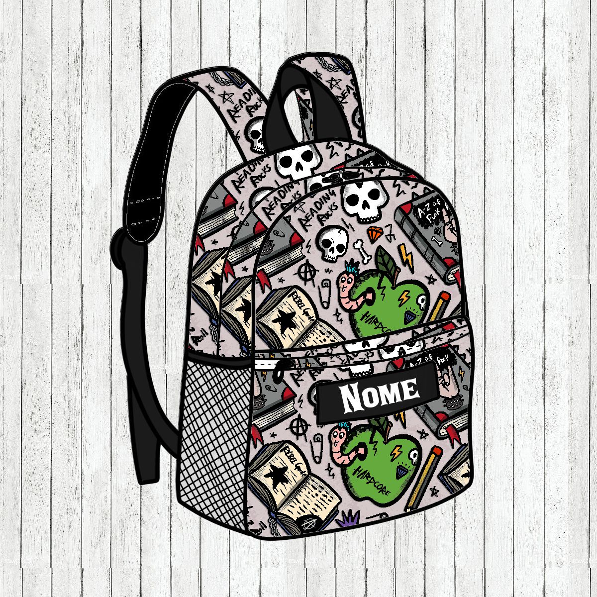 Mochila com padrão de caveiras, cadernos e coração verde com minhoca