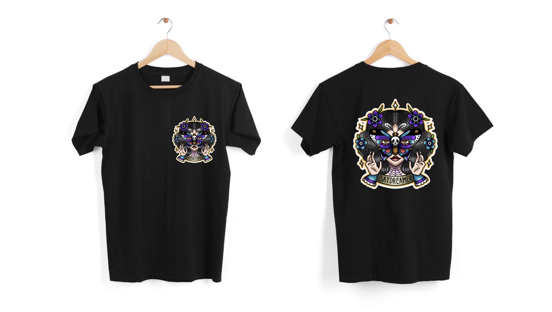 T-shirt preta com estampa de tigre colorido na frente e nas costas