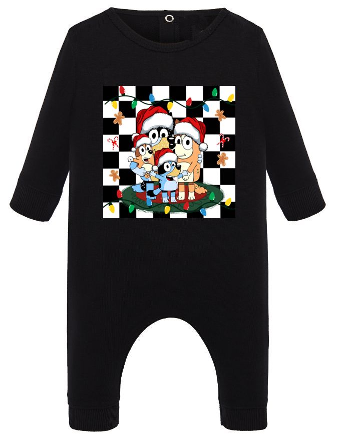 Macacão preto bebé com desenho família pinguins Natal gorros vermelhos