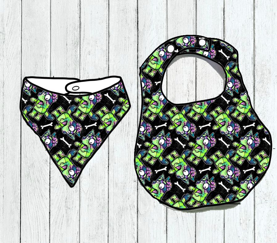 Babete e bandana para bebé com padrão de monstros verdes e olhos brancos