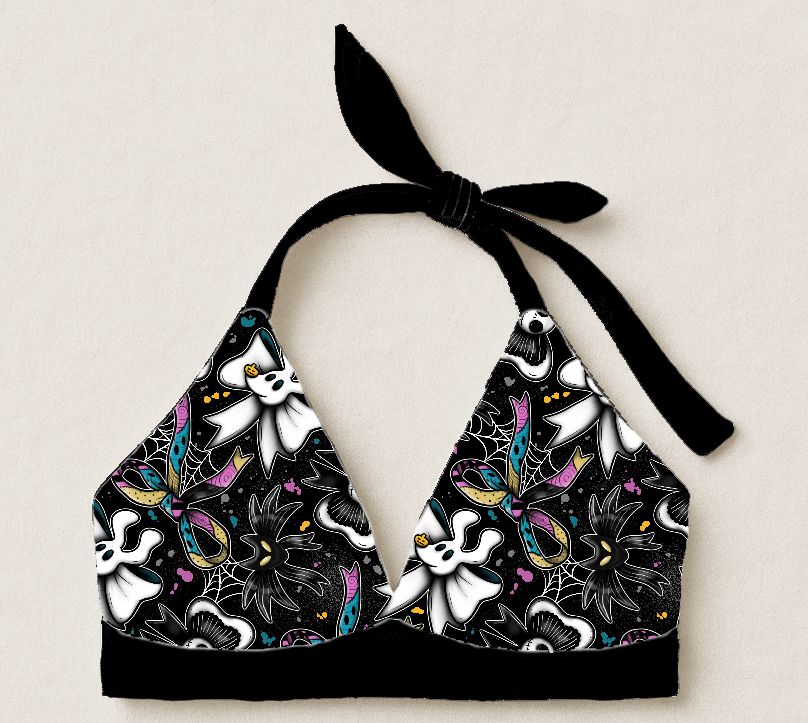 Top de bikini triangular com padrão de Halloween e alças para amarrar.
