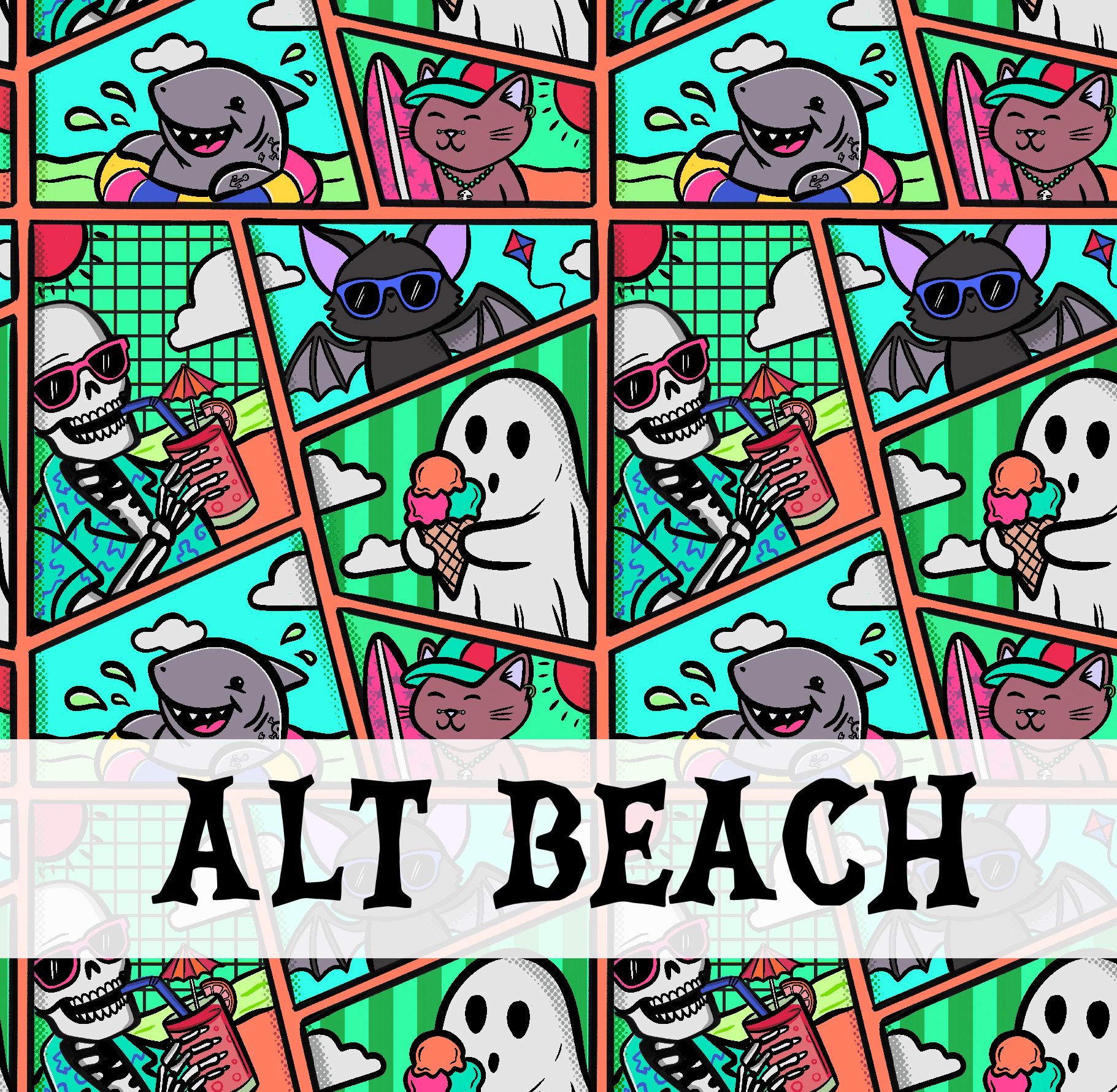 Padrão pop art colorido com personagens de tubarão, gato, morcego, esqueleto e fantasma em vários quadrados.