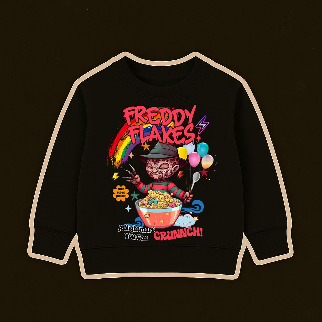 Sweatshirt preta com ilustração colorida de Freddy Krueger, balões e cereais