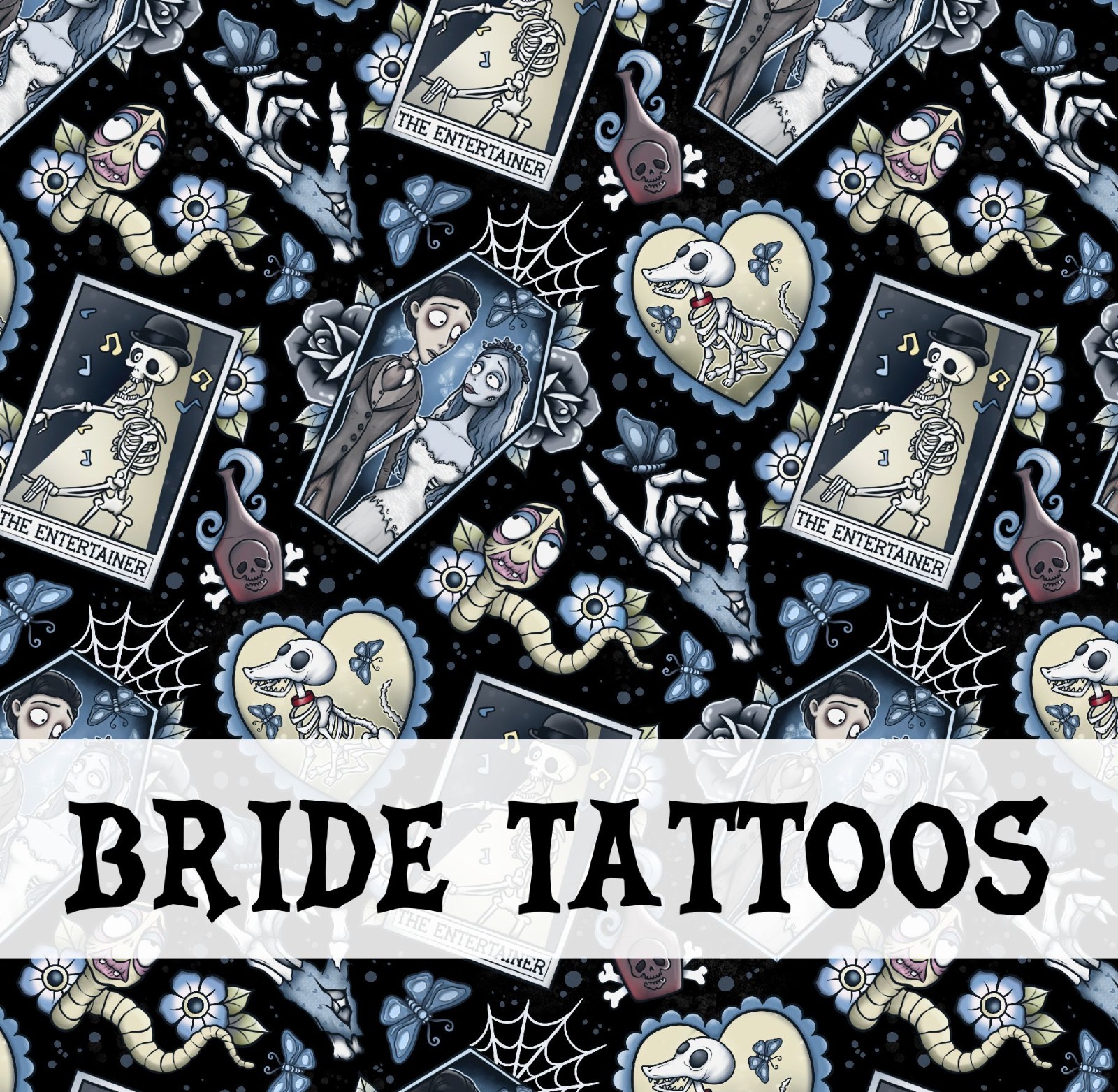 Padrão gótico com esqueletos, cartas THE ENTERTAINER, casal no caixão, esqueletos de cães, texto BRIDE TATTOOS.