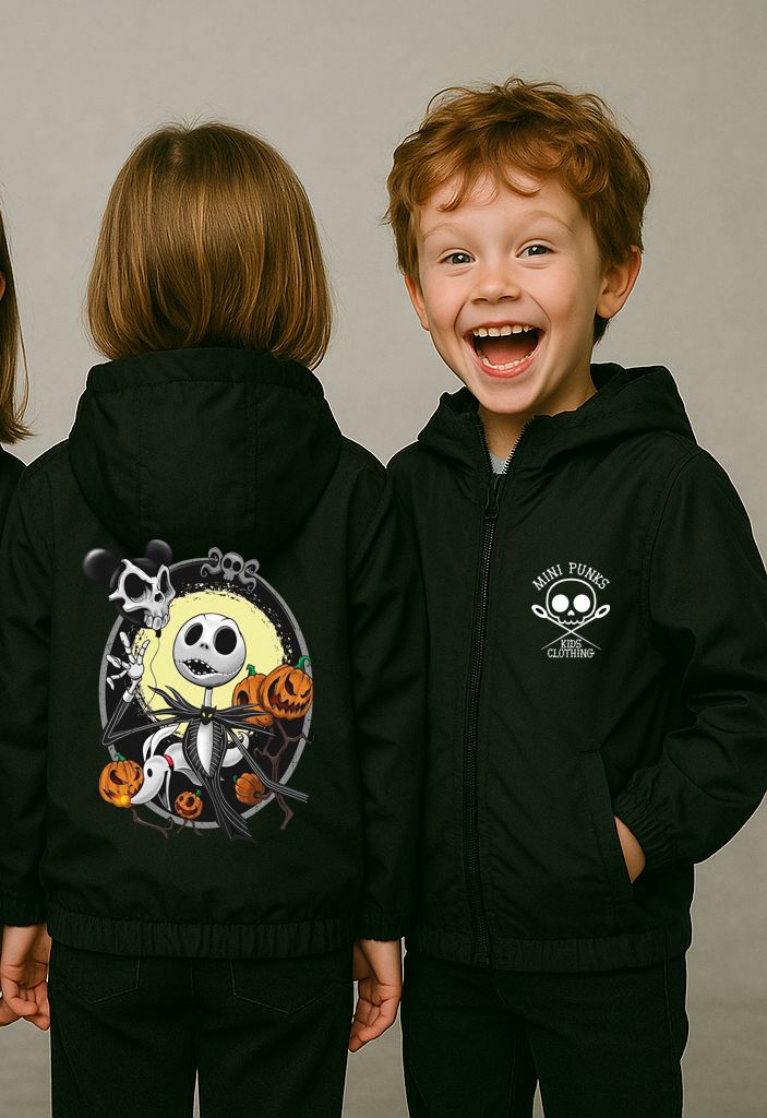 Casacos pretos para crianças com estampas de caveira e personagem esqueleto