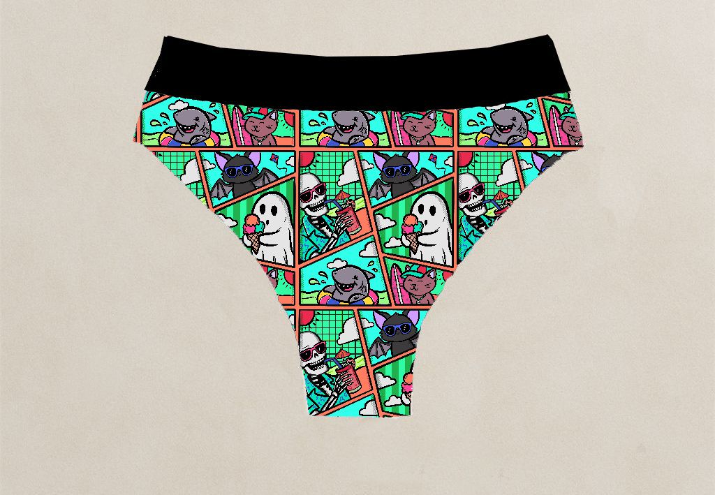 Cueca colorida com desenhos de personagens cartoons e cós preto.