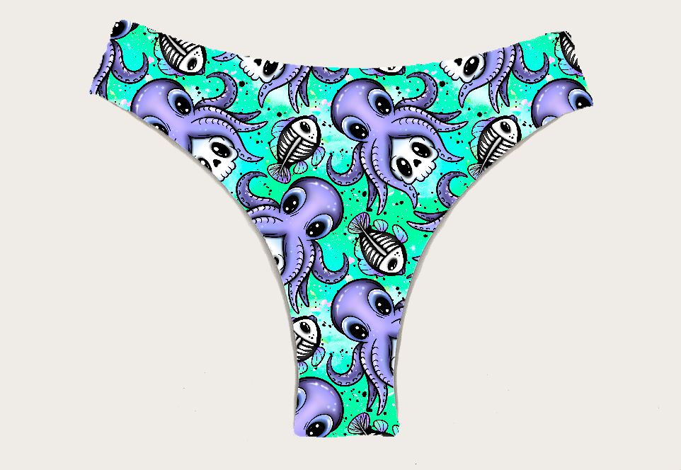 Cueca tanga com padrão de polvo e esqueletos de peixes em azul esverdeado