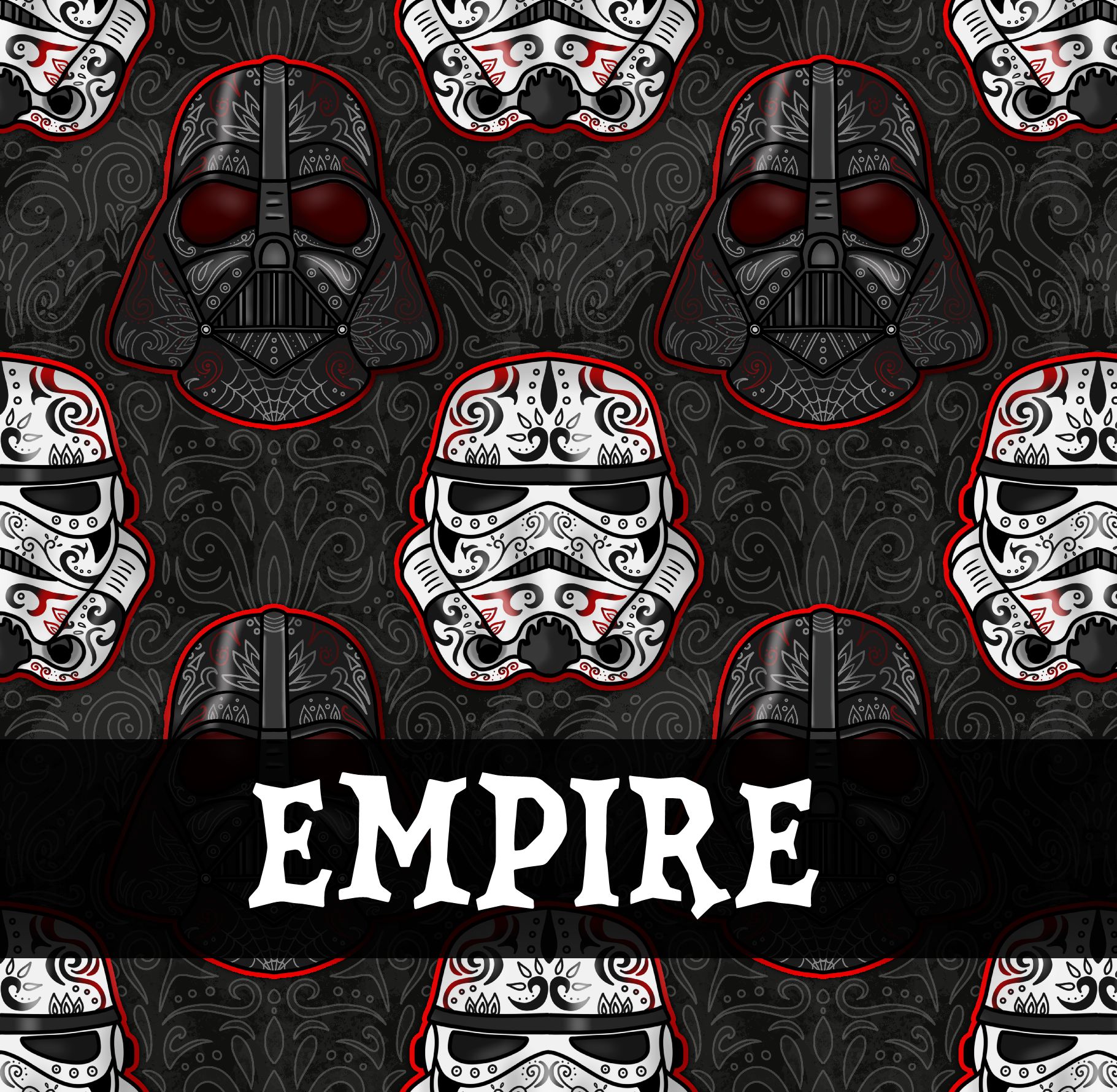 Padrão de capacetes de Stormtrooper e Darth Vader em estilo decorativo com texto EMPiRE