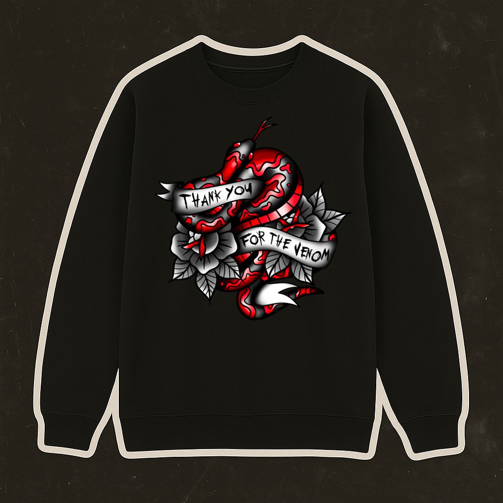 Sweatshirt preta com cobra vermelha e texto 'THANK YOU FOR THE VENOM'