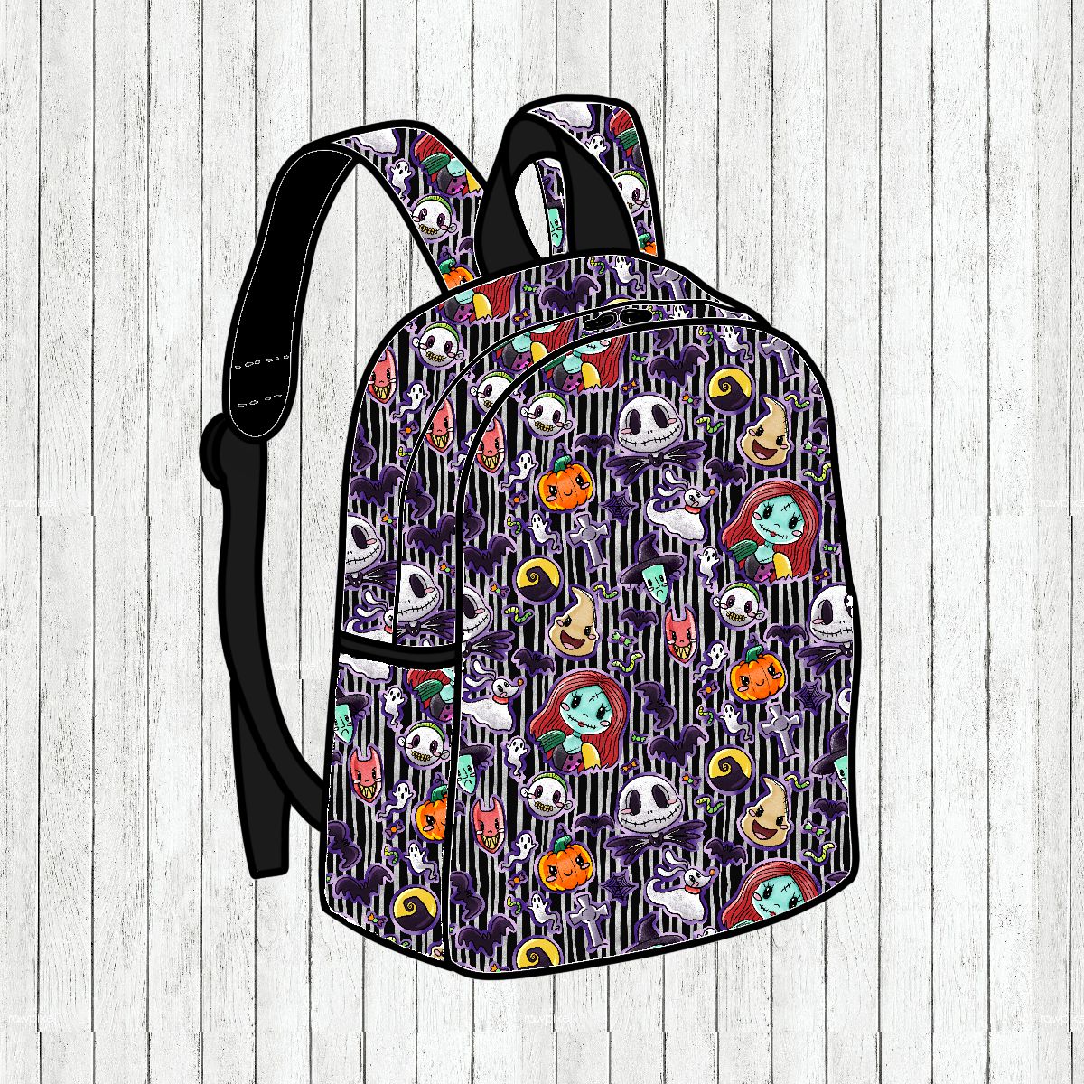 Mochila infantil colorida com padrão de Halloween e riscas verticais roxas e pretas