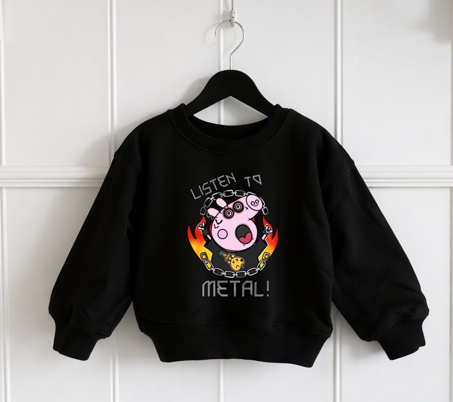 Sweatshirt preta infantil com estampa de porco rosa e texto metal