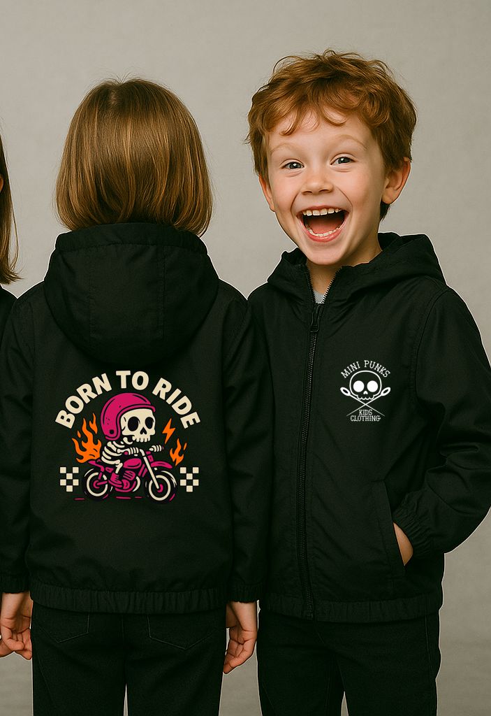 Casacos pretos com capuz para crianças com estampas de caveira relacionadas a motos