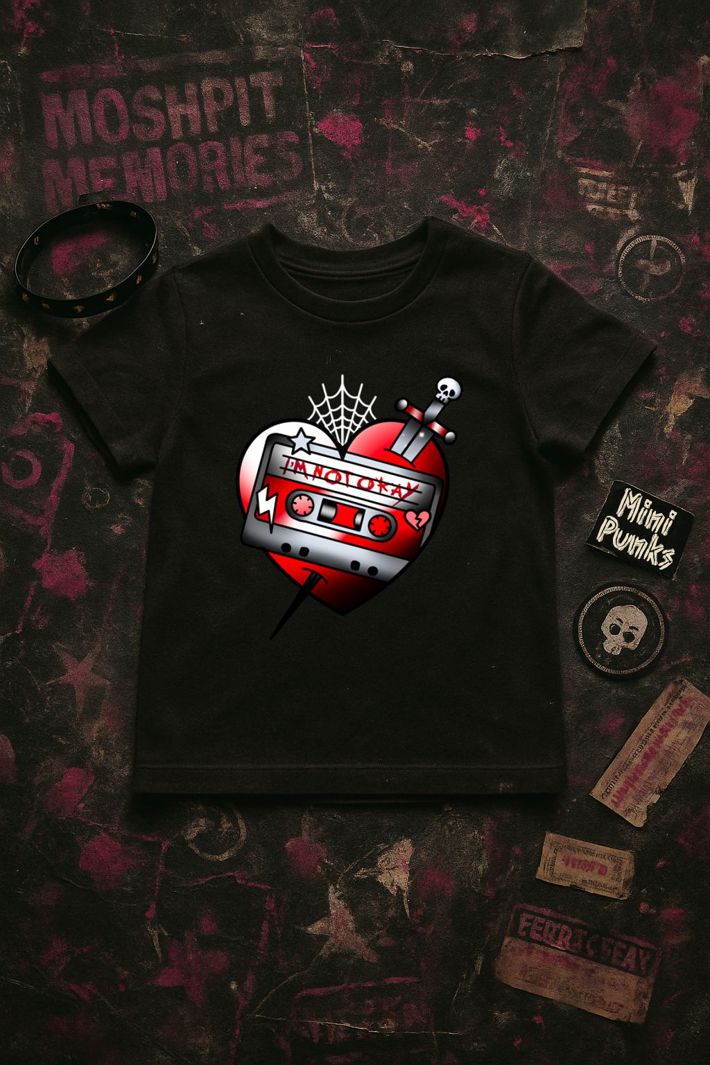 T-shirt preta para criança com estampa colorida de coração com cassete e espada