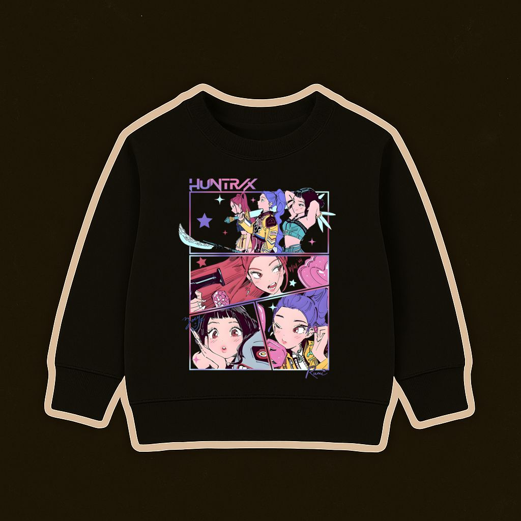 Sweatshirt preta com estampado anime colorido e texto HUNTRX